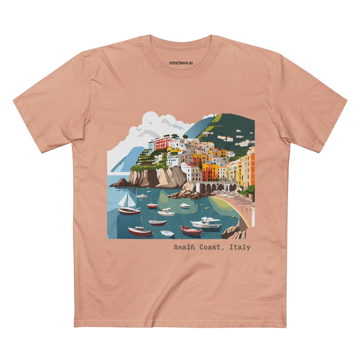 Amalfi Coast Italy Illustration T-Shirt | Coastal Village Beach Scene