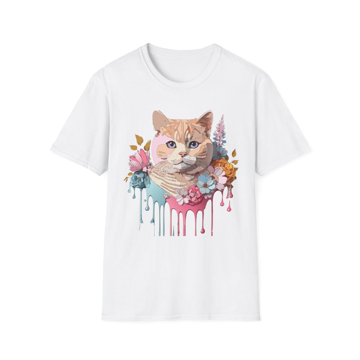 Floral Ginger Cat Portrait T-Shirt | Painted Cat Face with Flowers
