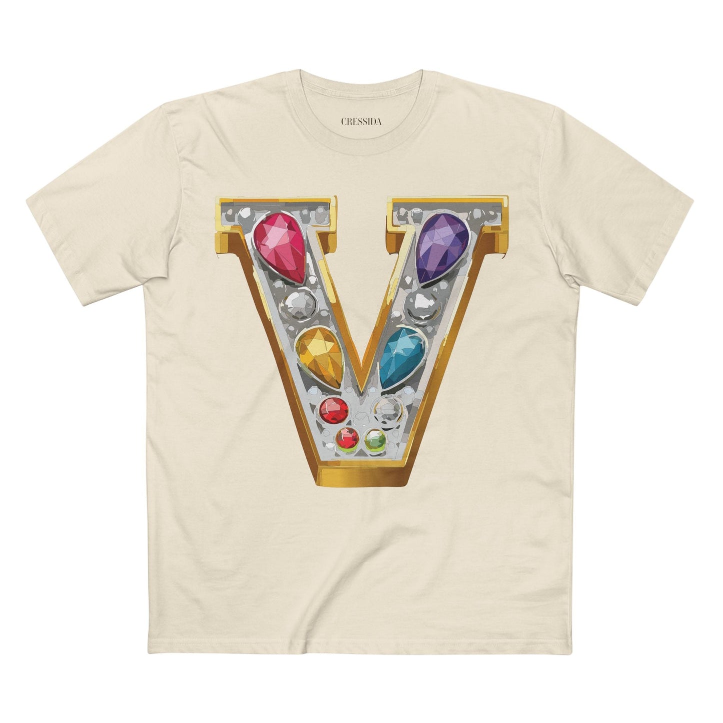 Letter V Graphic Design Tee Unisex 100 Cotton With Antique Gold Letters Artwork T-Shirt