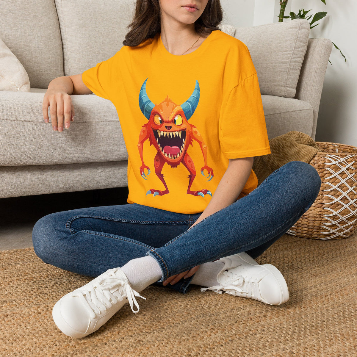 Orange Horned Monster T-Shirt — Cute Scary Cartoon Tee for Kids & Halloween Cartoon Graphic Tee Unisex 100 Cotton Gildan T-Shirt