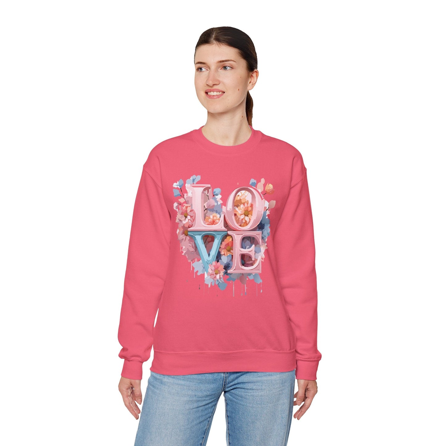 Floral Love Sweatshirt Valentines Day Unisex Heavy Blend Crewneck Gildan 18000 Cotton Polyester