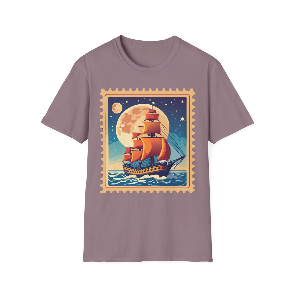Vintage Sailing Ship T‑Shirt — Nautical Stamp Moonlight Travel Post Graphic Design Unisex 100 Cotton Gildan T-Shirt