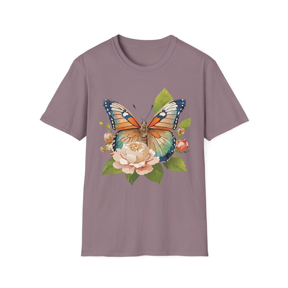 Butterfly Floral T-Shirt — Watercolor Monarch & Roses Graphic Tee Unisex 100 Cotton Gildan T-Shirt