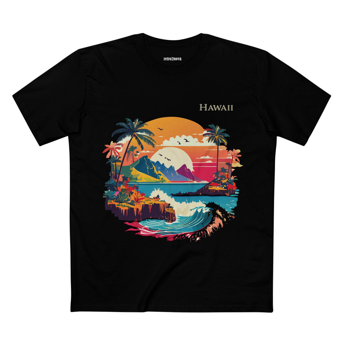 Hawaii Retro Sunset Surf Scene T-Shirt | Tropical Island Palm Beach Tee