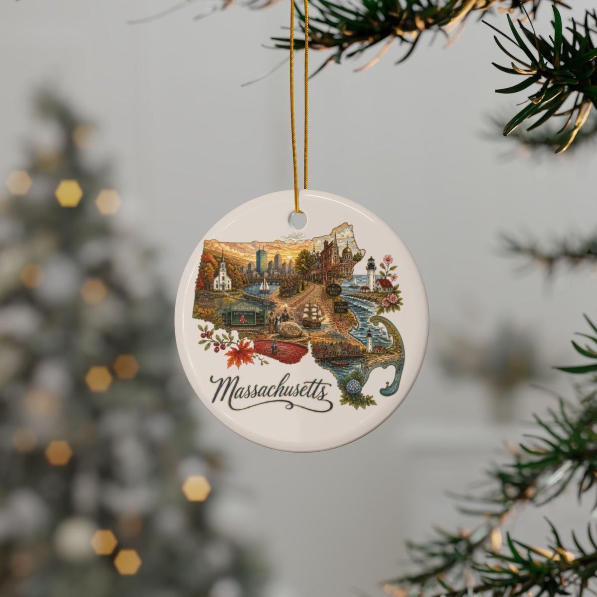 Massachusetts State Map Illustration Ceramic Ornament | Round Holiday Ornament - 2.99" Includes Gold String