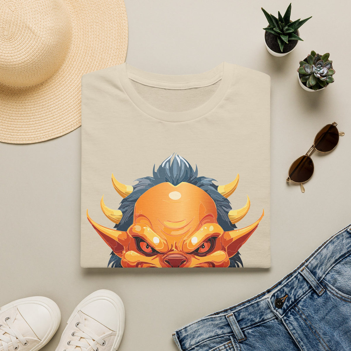 Demonic Oni Mask T-Shirt — Fierce Japanese Demon Face Cartoon Graphic Tee Unisex 100 Cotton Gildan T-Shirt