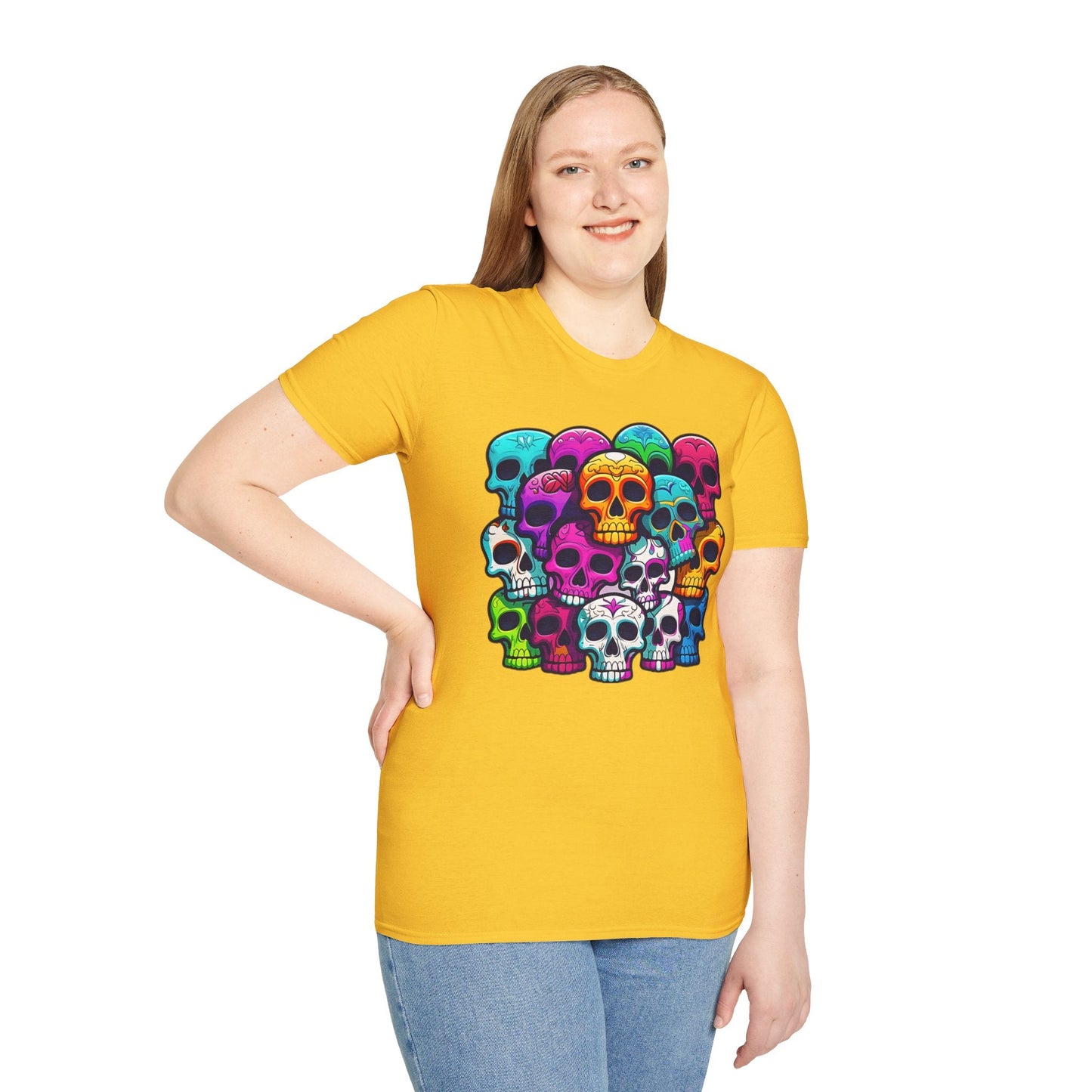Unisex Skull Tee Shirt With Skeleton Design Gildan Softstyle 64000 100 Percent Ring Spun Cotton
