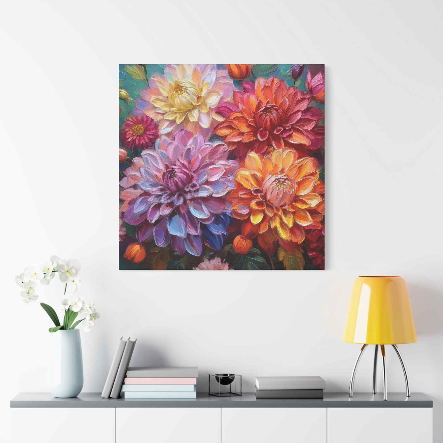 Dahlias Floral Print Canvas, Floral Oil Paint Print 20x20, 24x24, 30x30, 32x32, 36x36 Art Design Pine-Wood Inner Frame MC-167