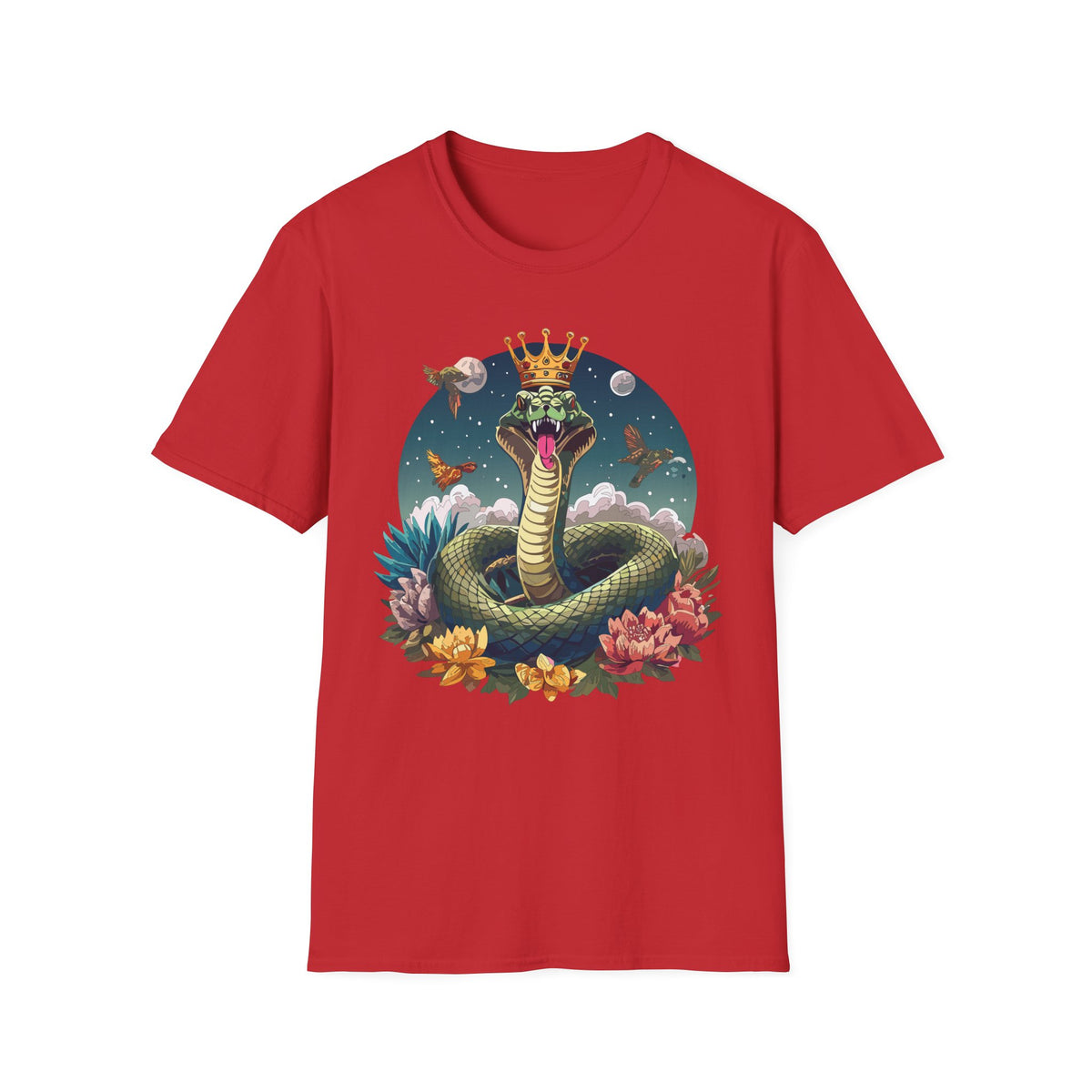 Crowned Snake Illustration T-Shirt | Regal Serpent, Floral Night Scene