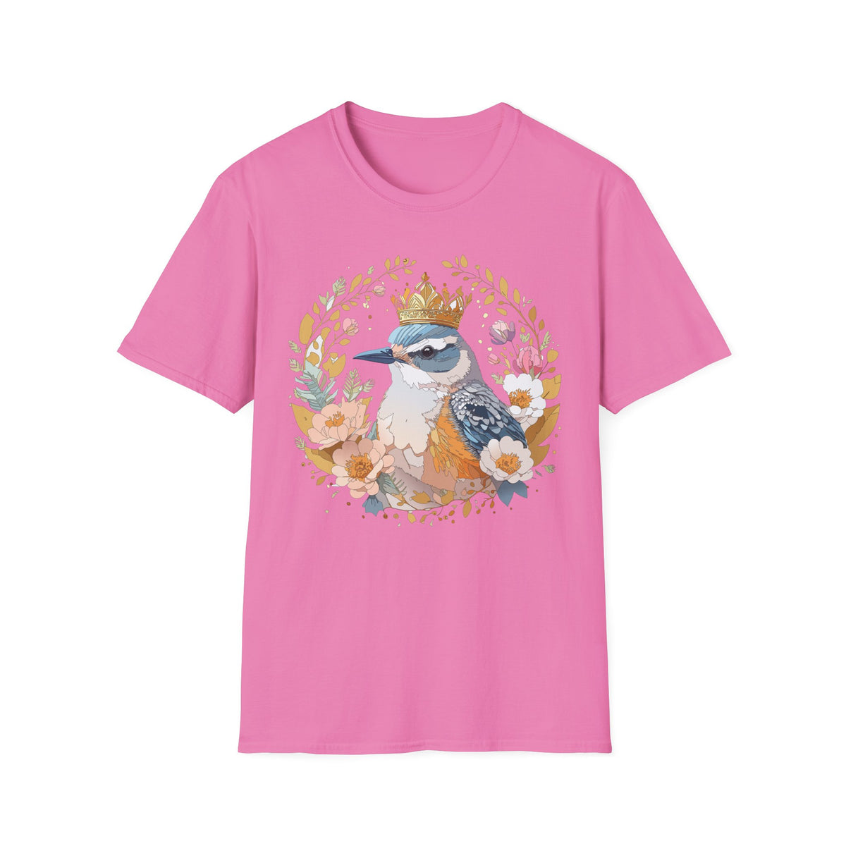Crowned Bluebird Floral Illustration T-Shirt | Whimsical Bird Art