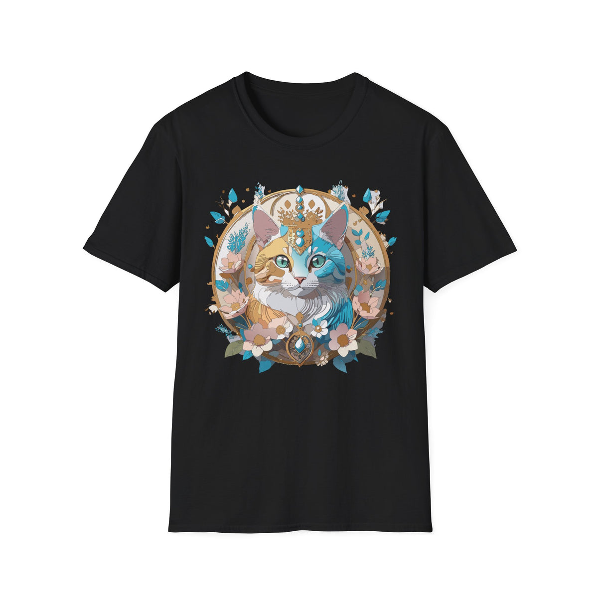 Two-Tone Cat Portrait T-Shirt | Floral Crescent, Boho Kitty