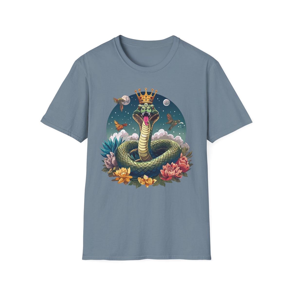 Crowned Snake Illustration T-Shirt | Regal Serpent, Floral Night Scene