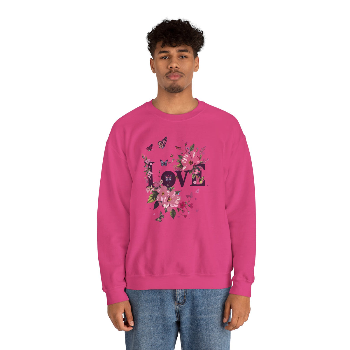 Unisex Floral Love Sweatshirt, Love Floral Sweatshirt, Floral Butterfly Sweatshirt, 50/50 Cotton-Poly Valentine's Day Sweatshirt 05