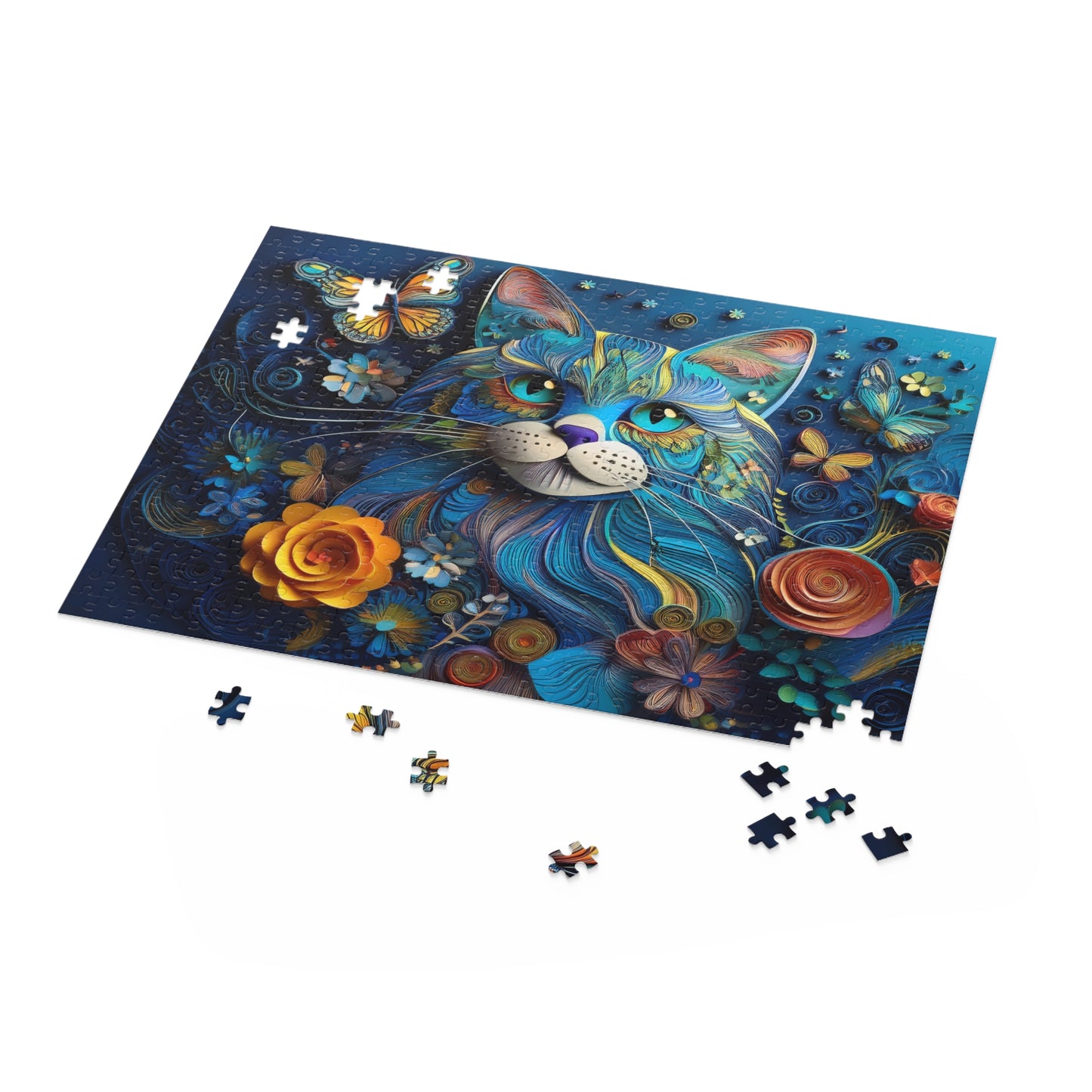 3D Blue Cat Face Puzzle 500-Piece | Floral Cat Puzzle 500-Piece Ages 9+