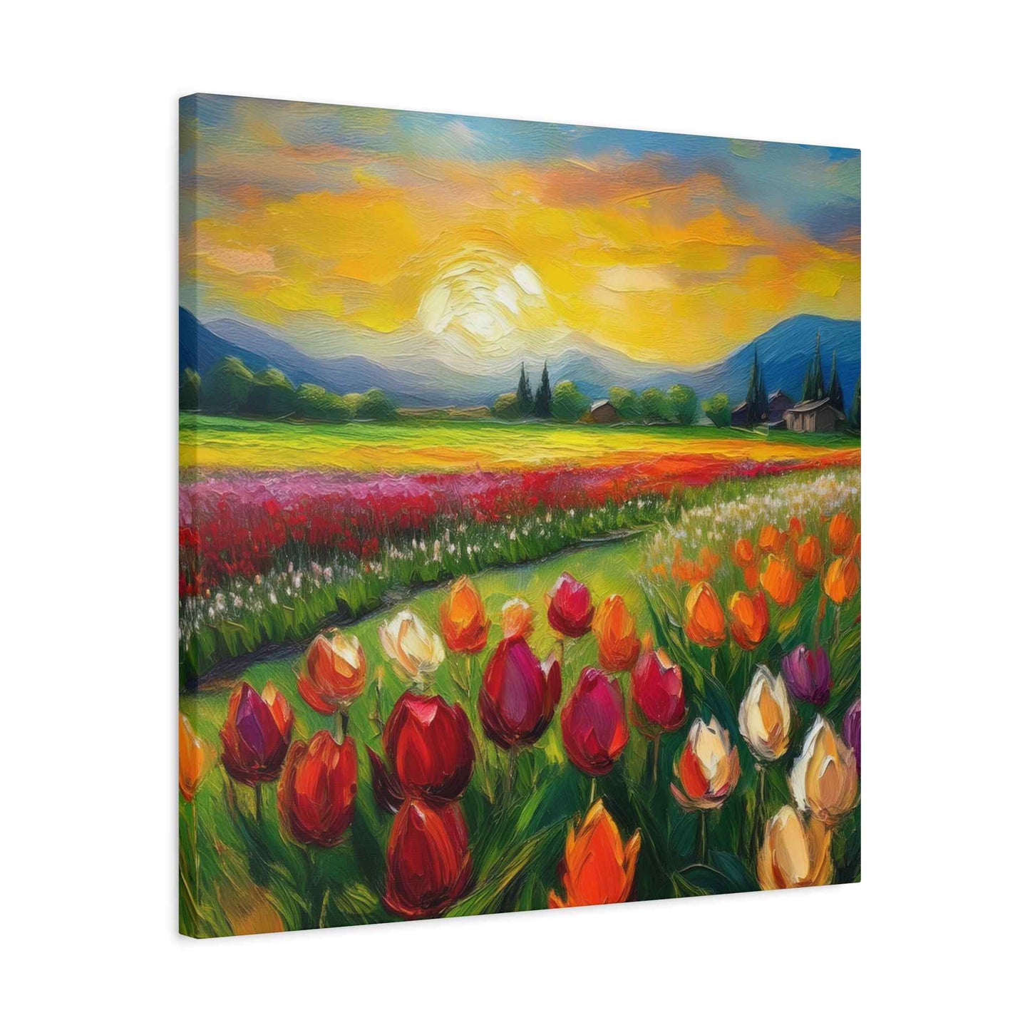 Tulips Fields Print Canvas, Floral Oil Paint Print 20x20, 24x24, 30x30, 32x32, 36x36 Art Design Pine-Wood Inner Frame MC-149