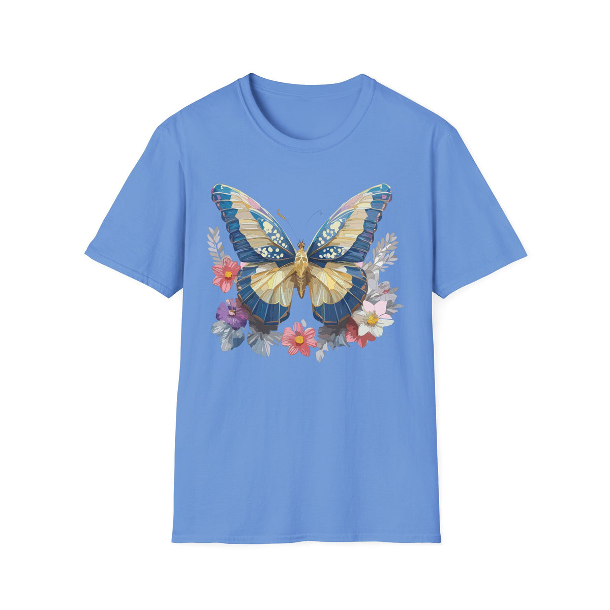 Blue Yellow Butterfly T-Shirt | Floral Wings Nature Graphic Tee Unisex 100 Cotton Gildan T-Shirt