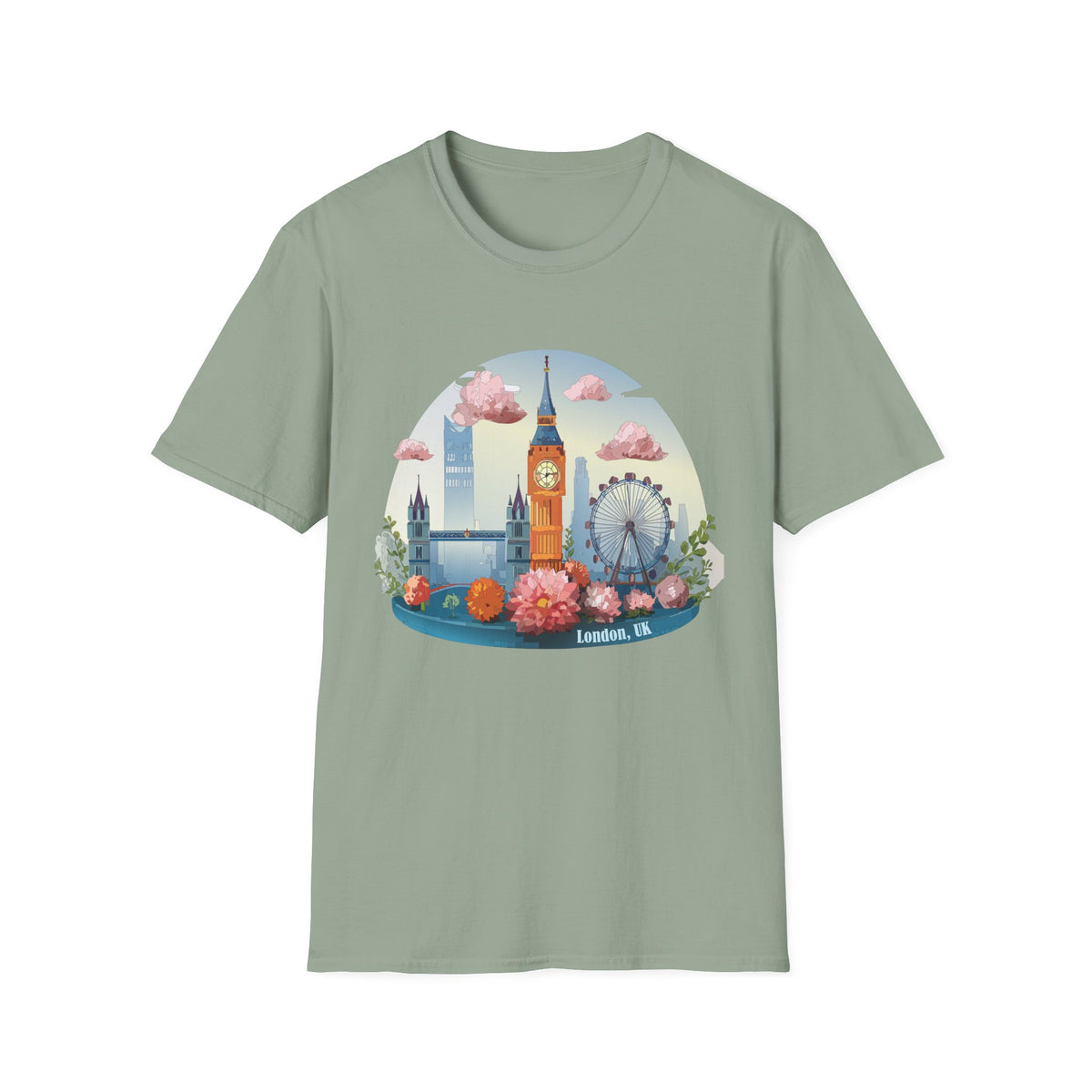 Whimsical London Skyline T-Shirt | Big Ben, London Eye, pastel clouds