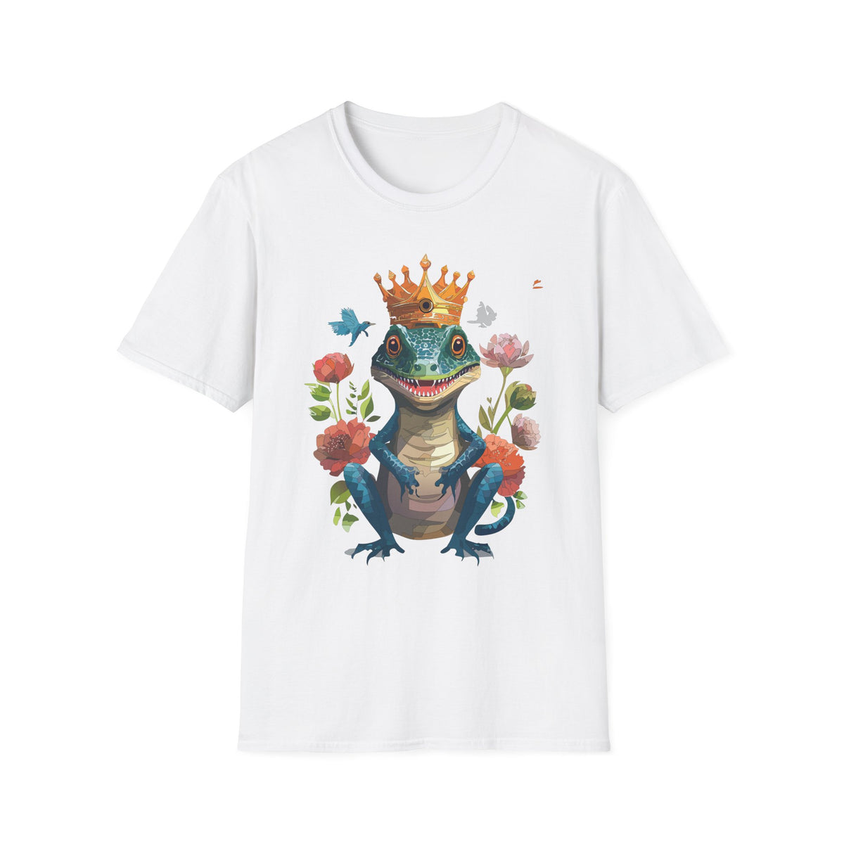 Crowned Lizard Illustration T-Shirt | Regal Gecko with Flowers
