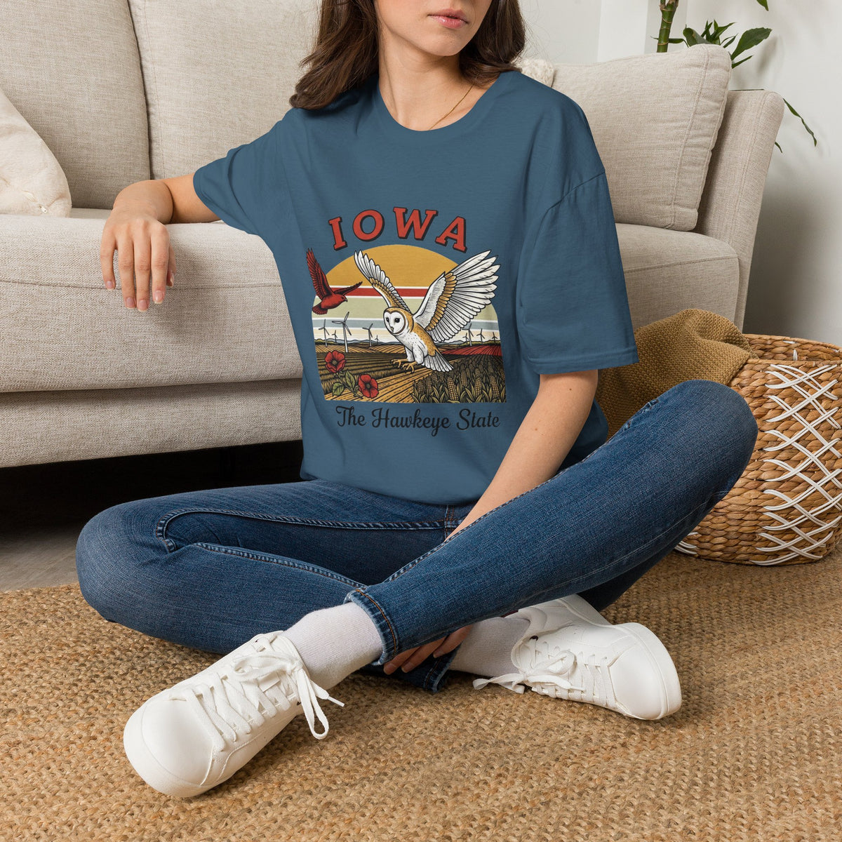 Iowa Barn Owl T-Shirt — The Hawkeye State Vintage State Pride Tee Travel Tourist Graphic Design Unisex 100 Cotton Gildan T-Shirt