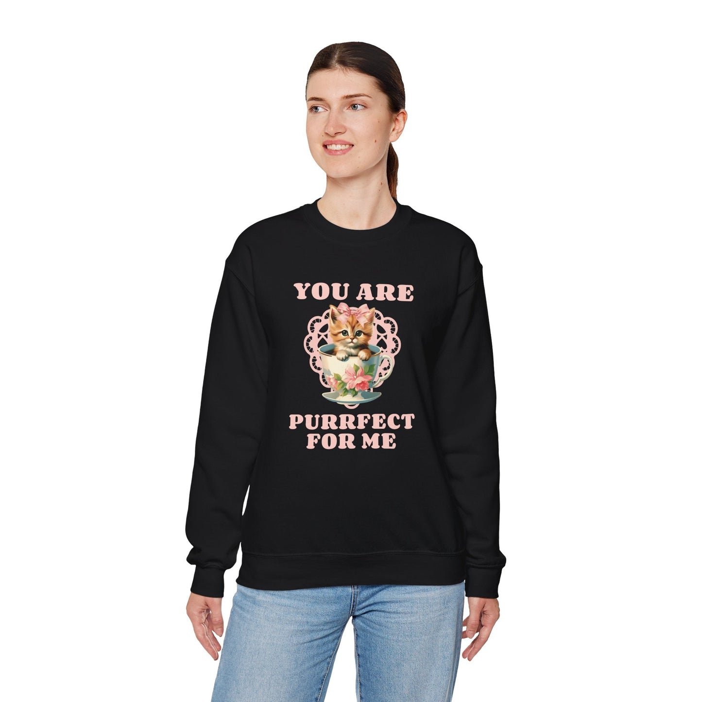 Cat Sweatshirt With Heart Print Valentines Day Unisex 50 50 Cotton Poly Crewneck
