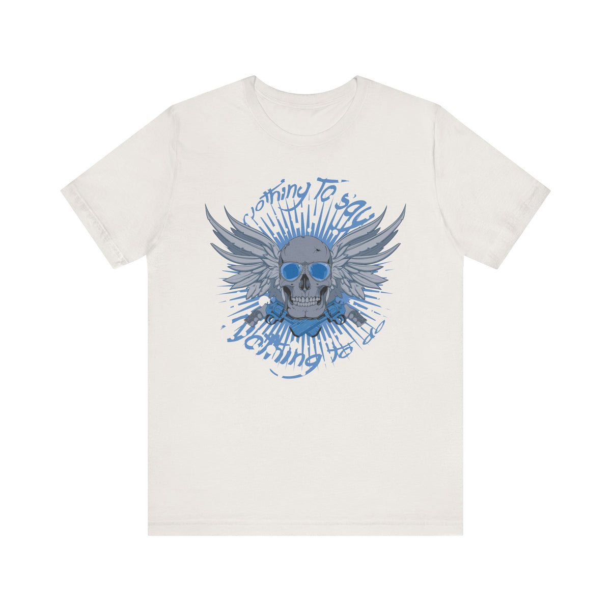 Winged Skull Graphic Tee Blue Skull with Wings Radiant Burst Unisex Cotton