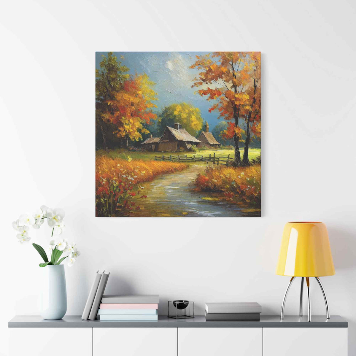 Countryside Fall Print Canvas, Oil Paint Print 20x20, 24x24, 30x30, 32x32, 36x36 Art Design Pine-Wood Inner Frame MC-105