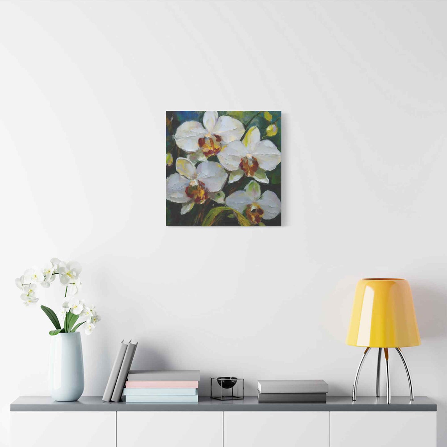 White Orchids Print Canvas, Floral Oil Paint Print 20x20, 24x24, 30x30, 32x32, 36x36 Art Design Pine-Wood Inner Frame MC-136
