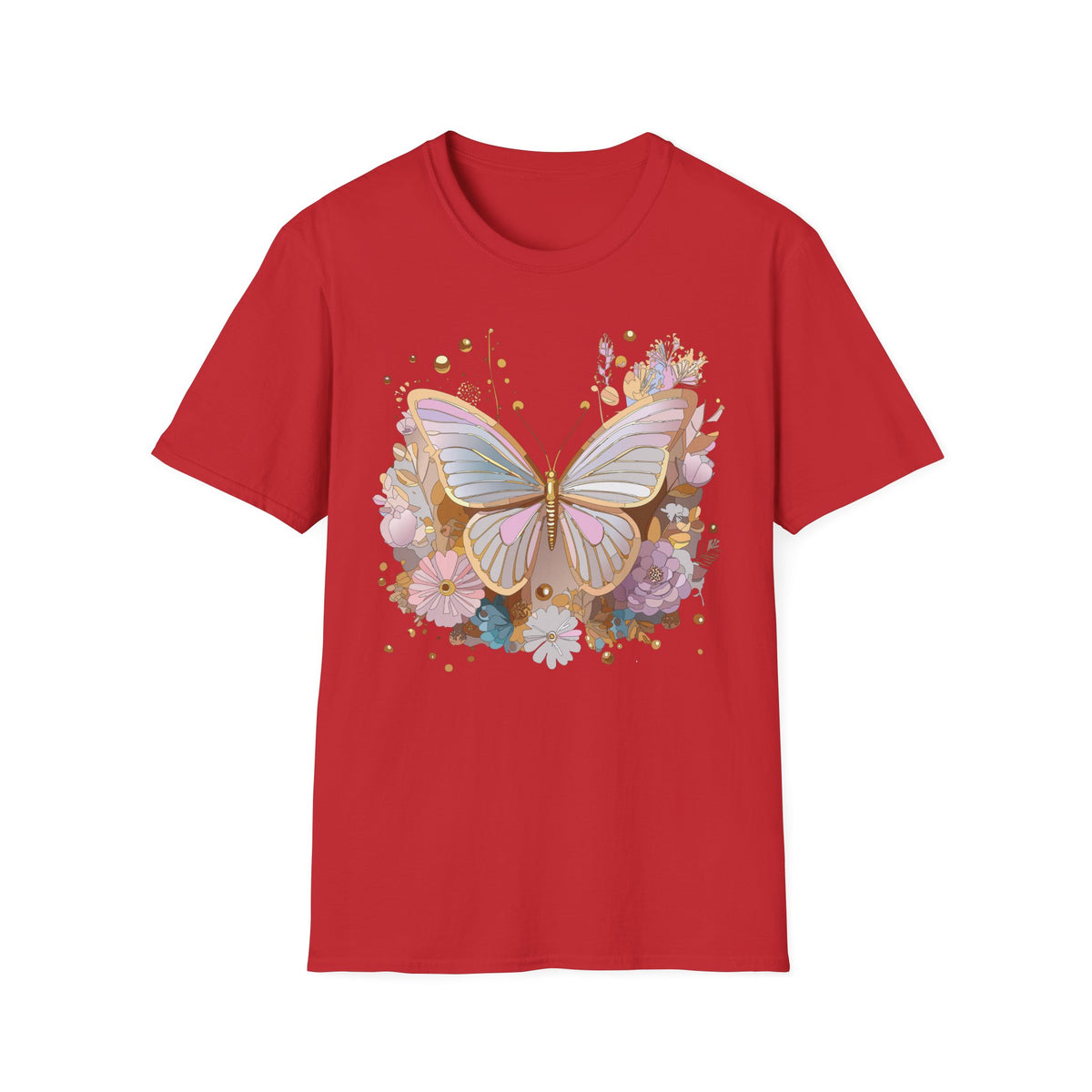 Pastel Butterfly Floral T-Shirt — Gold Accent Butterfly Graphic Design Unisex 100 Cotton Gildan T-Shirt