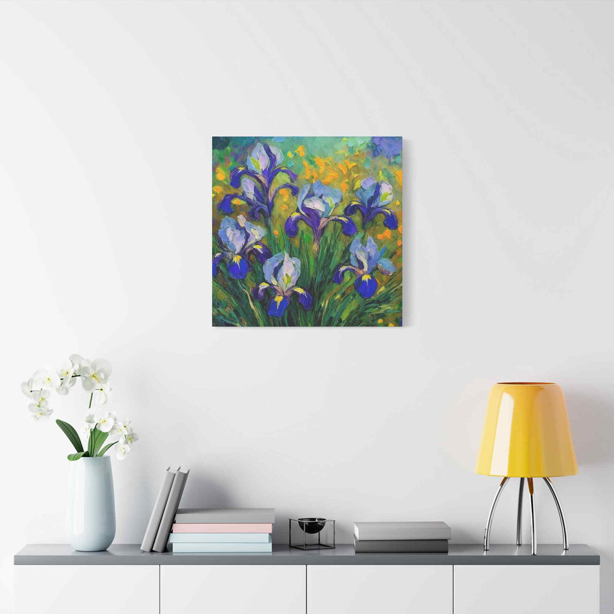 Irises Floral Print Canvas, Floral Oil Paint Print 20x20, 24x24, 30x30, 32x32, 36x36 Art Design Pine-Wood Inner Frame MC-186