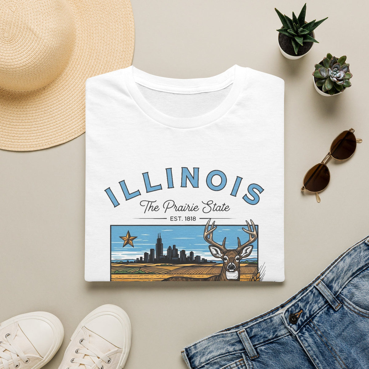 Illinois Deer State T-Shirt — The Prairie State Travel Tourist Graphic Design Unisex 100 Cotton Gildan T-Shirt