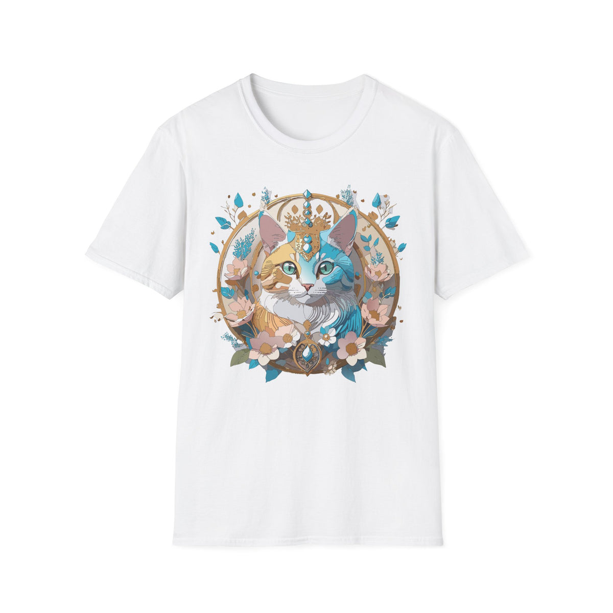 Two-Tone Cat Portrait T-Shirt | Floral Crescent, Boho Kitty