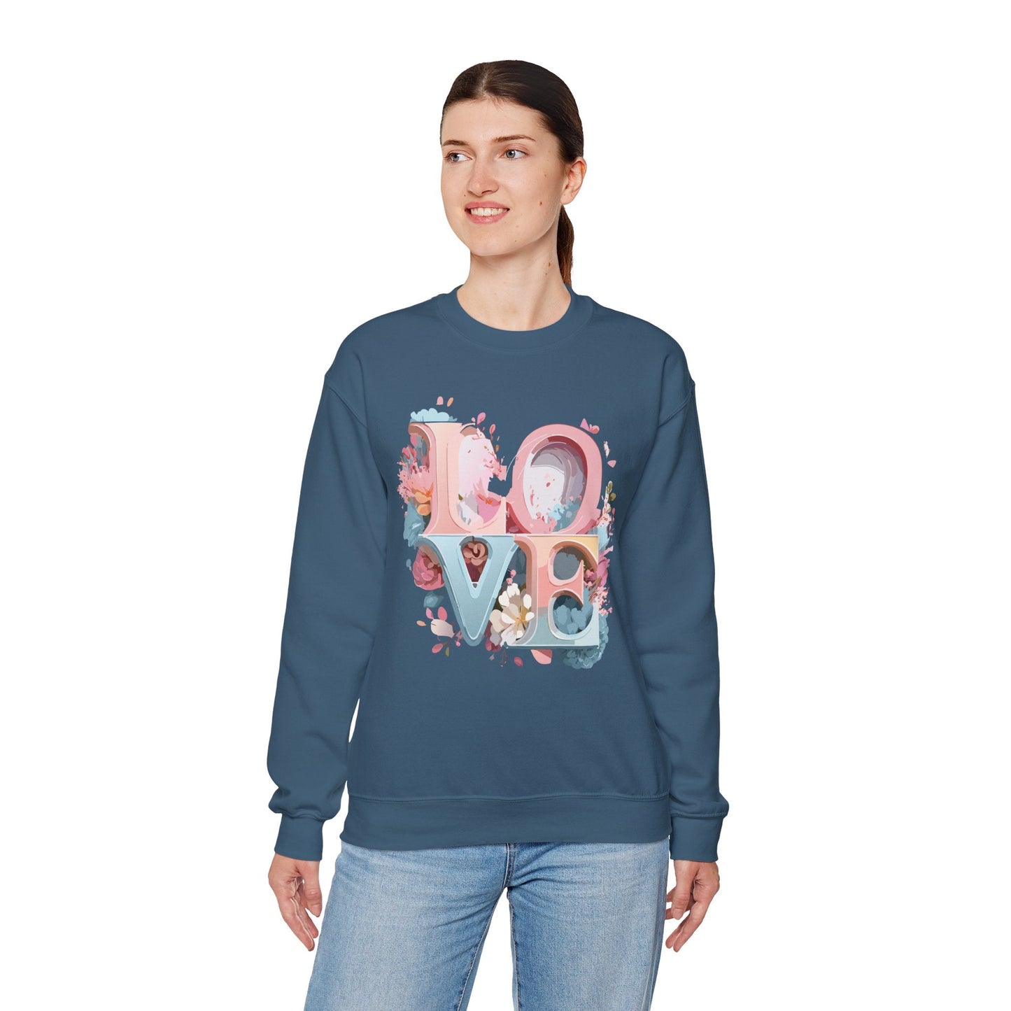 Floral Love Sweatshirt Unisex Crewneck Valentine Day Gift Gildan 18000 Fifty Fifty Cotton Blend