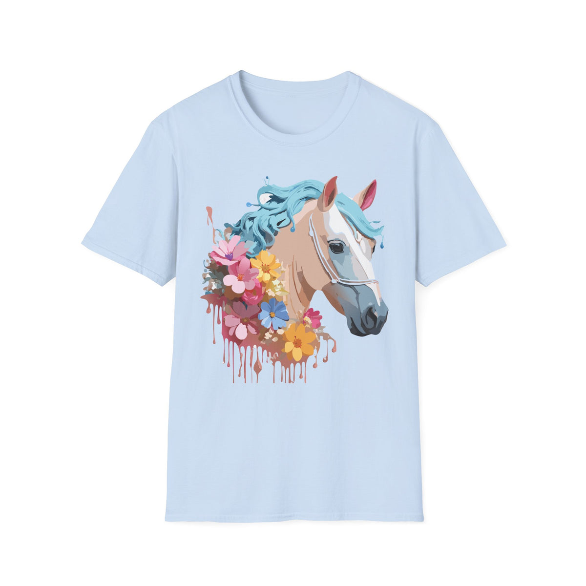 Floral Horse Illustration T-Shirt | Pastel Blue Mane, Watercolor Flowers