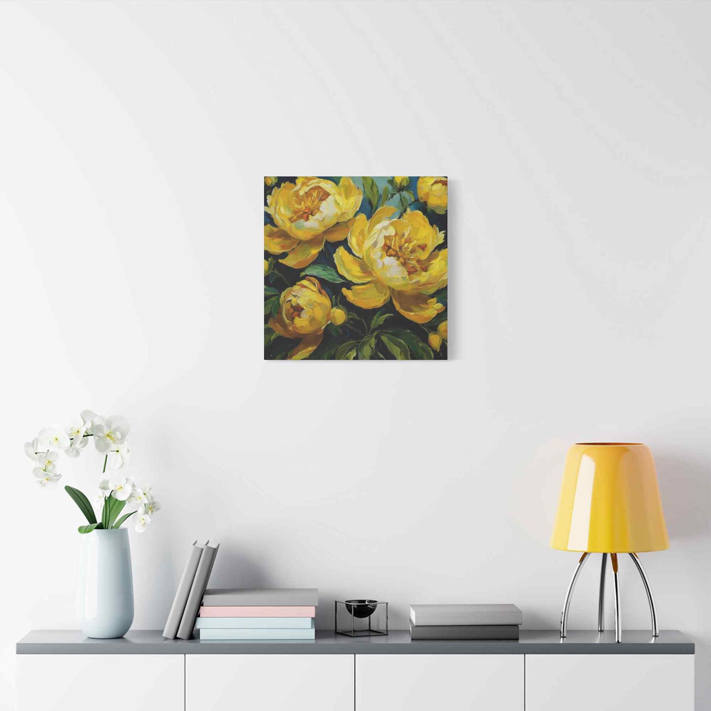 Yellow Peonies Print Canvas, Floral Oil Paint Print 20x20, 24x24, 30x30, 32x32, 36x36 Art Design Pine-Wood Inner Frame MC-121