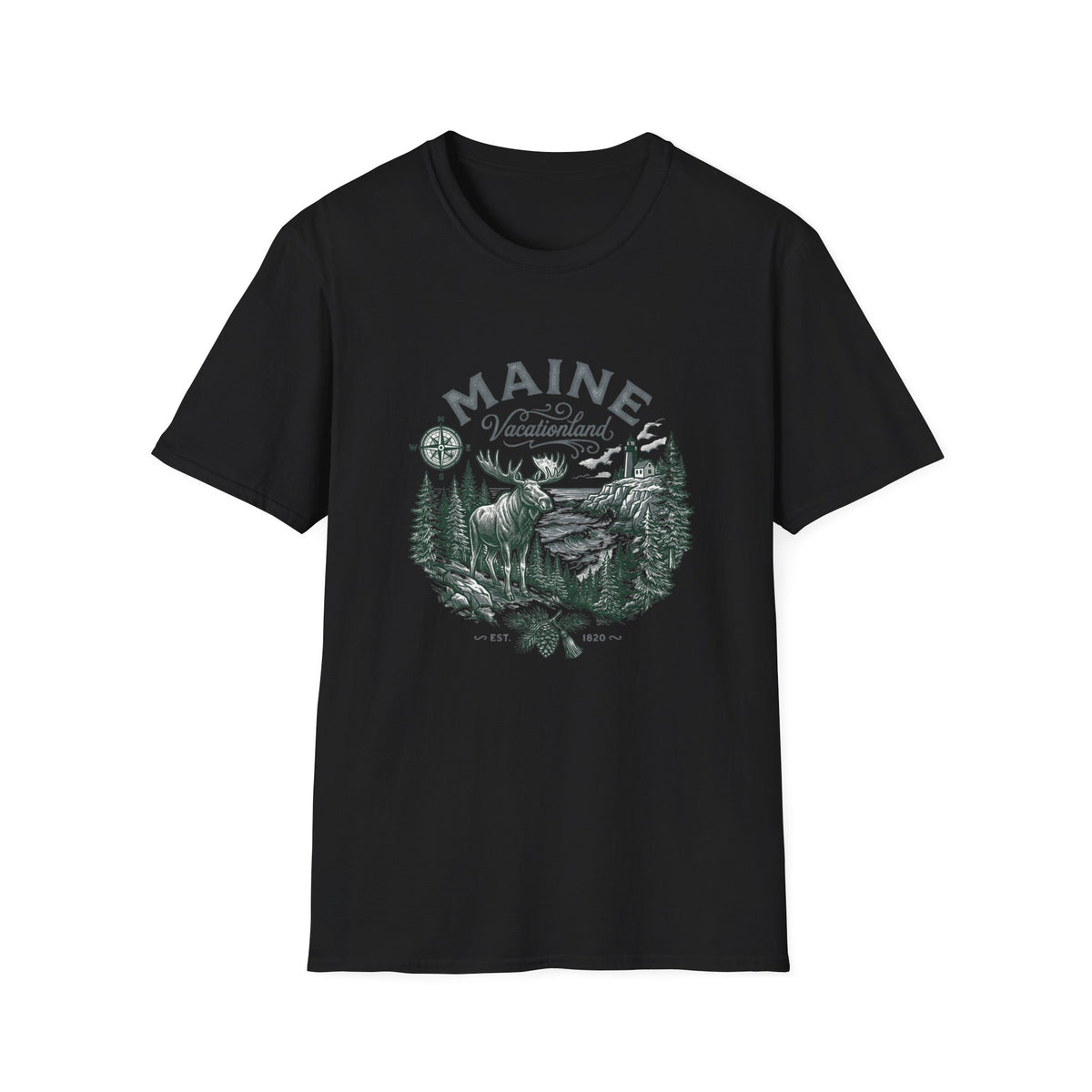 Maine Wilderness Moose Graphic T-Shirt — Vintage State Nature Travel Tourist Graphic Design Unisex 100 Cotton Gildan T-Shirt