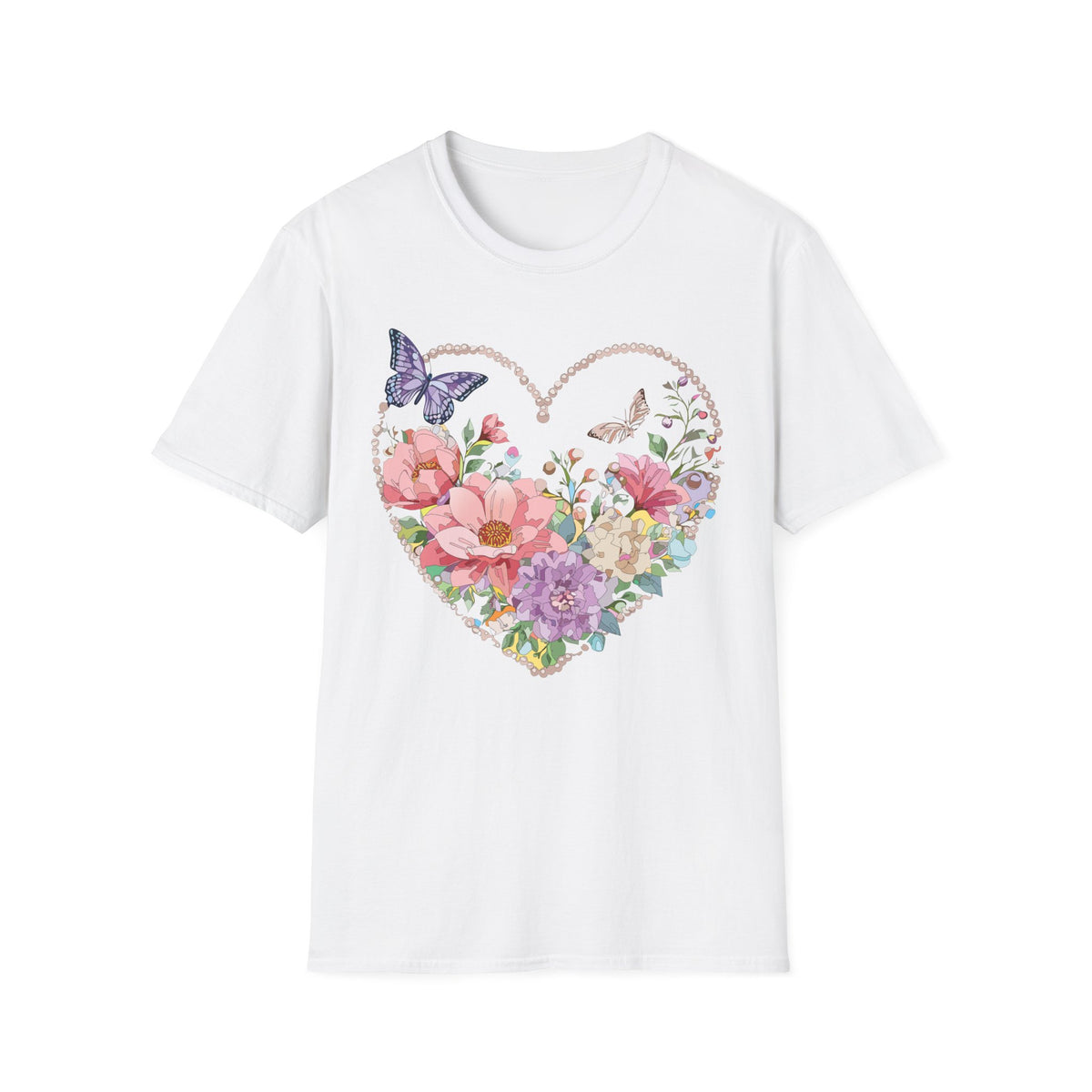 Floral Heart with Butterflies T-Shirt | Romantic Spring Garden Graphic Tee Unisex 100 Cotton Gildan T-Shirt