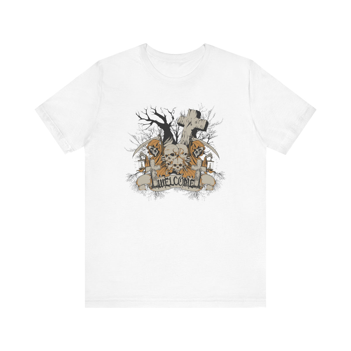 Skull Graveyard Welcome Tee Halloween Haunted Tree Cross Tombstone Unisex Cotton Art-50