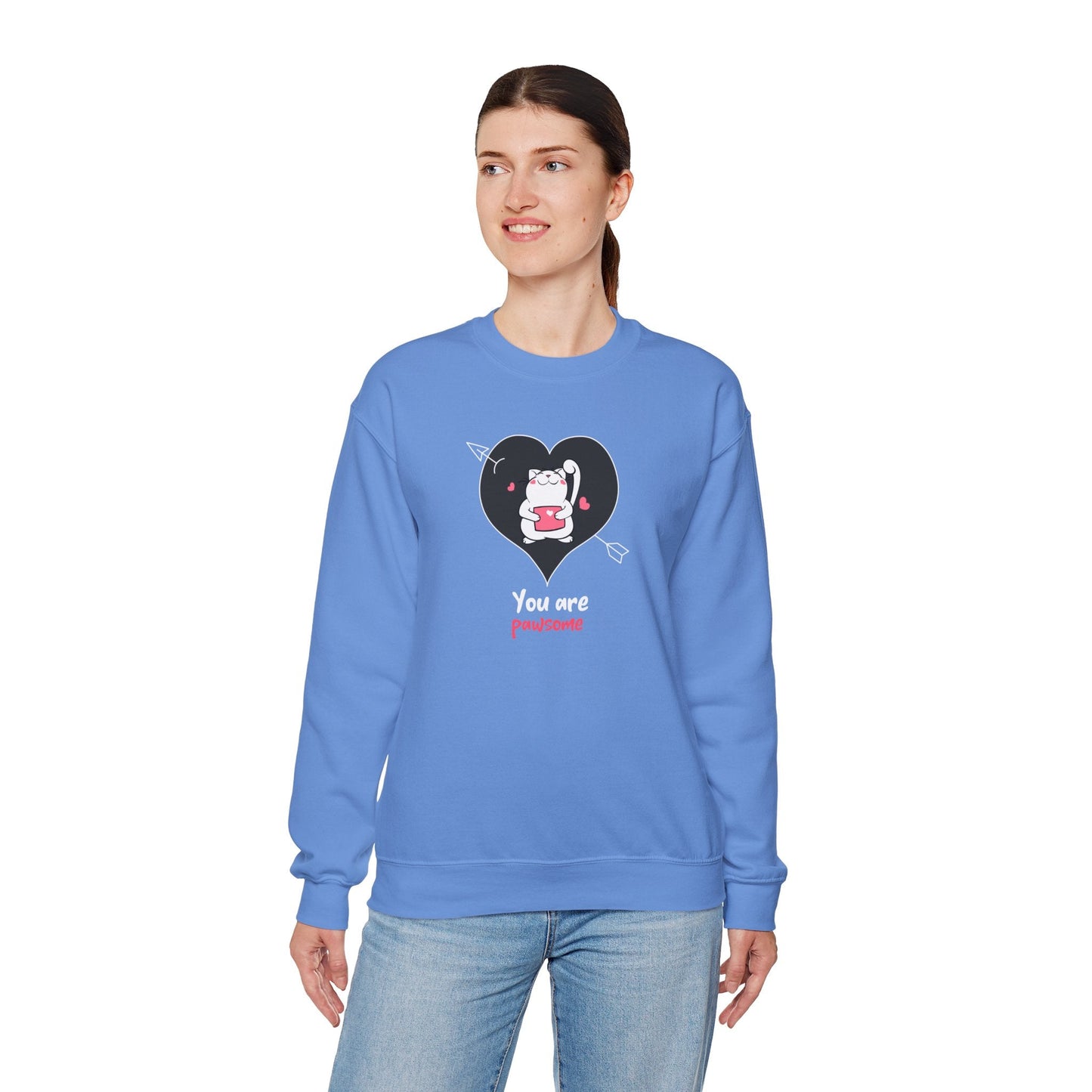 Cat Heart Sweatshirt Unisex Valentines Day Fifty Fifty Cotton Poly Crewneck Gildan 18000