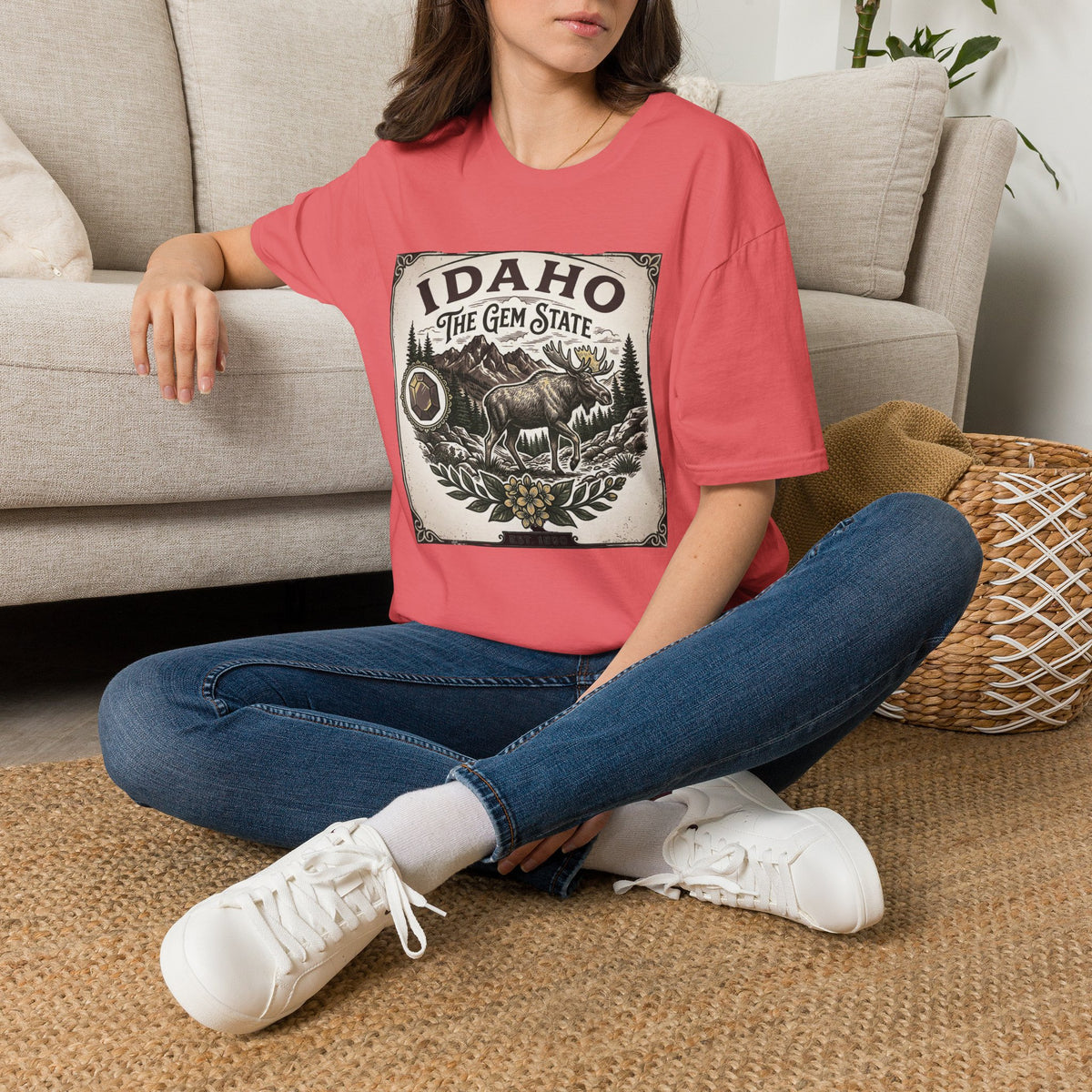 Idaho The Gem State Vintage Moose Travel Tourist Graphic Design Unisex 100 Cotton Gildan T-Shirt