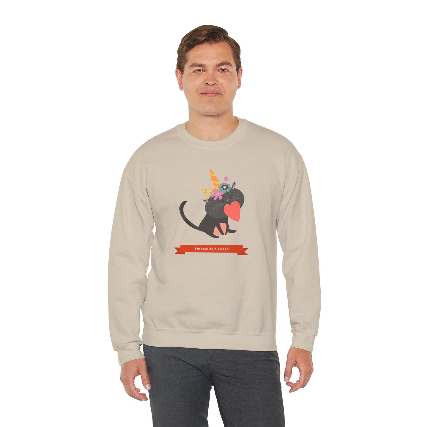 Cat Heart Sweatshirt Unisex Valentine Gift 50/50 Cotton-Poly Crewneck Gildan 18000