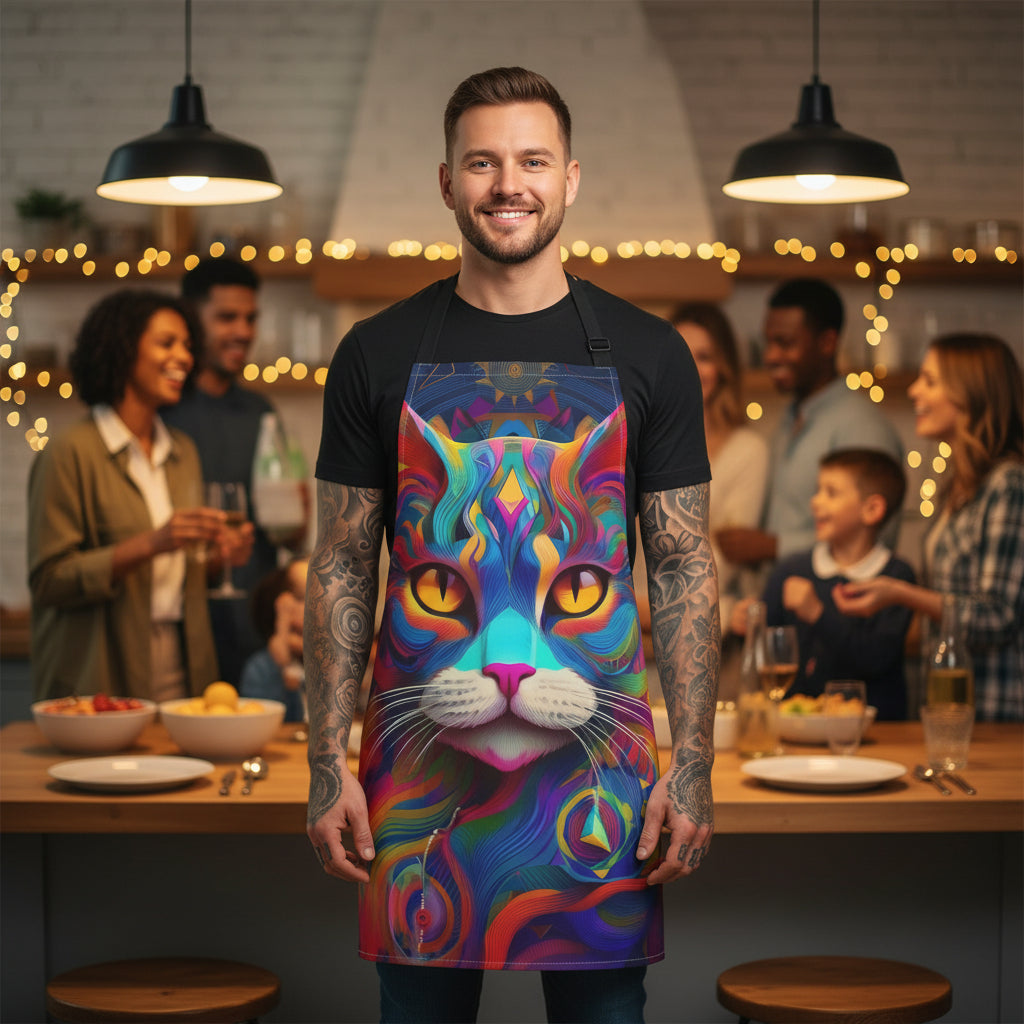 Vibrant Cat Face Kitchen Apron — Colorful Psychedelic Feline Print for Cooks & Cat Lovers Stain-resistant 31.5 x 25.6 | Art Print Canvas Apron