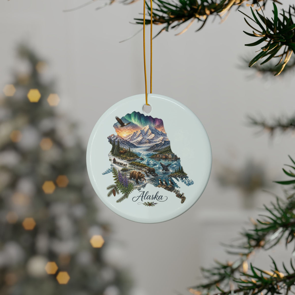 Alaska Landscape Ornament | Ceramic Round Christmas Ornament - 2.99" Includes Gold String