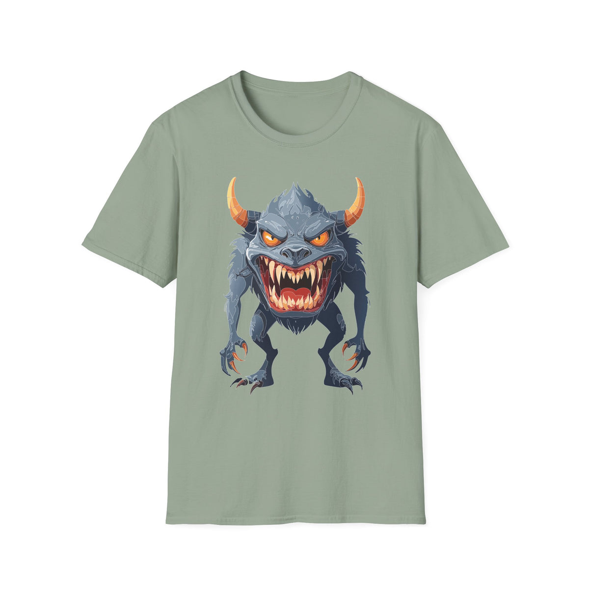Demonic Monster Graphic T-Shirt — Fierce Horned Creature Cartoon Graphic Tee Unisex 100 Cotton Gildan T-Shirt