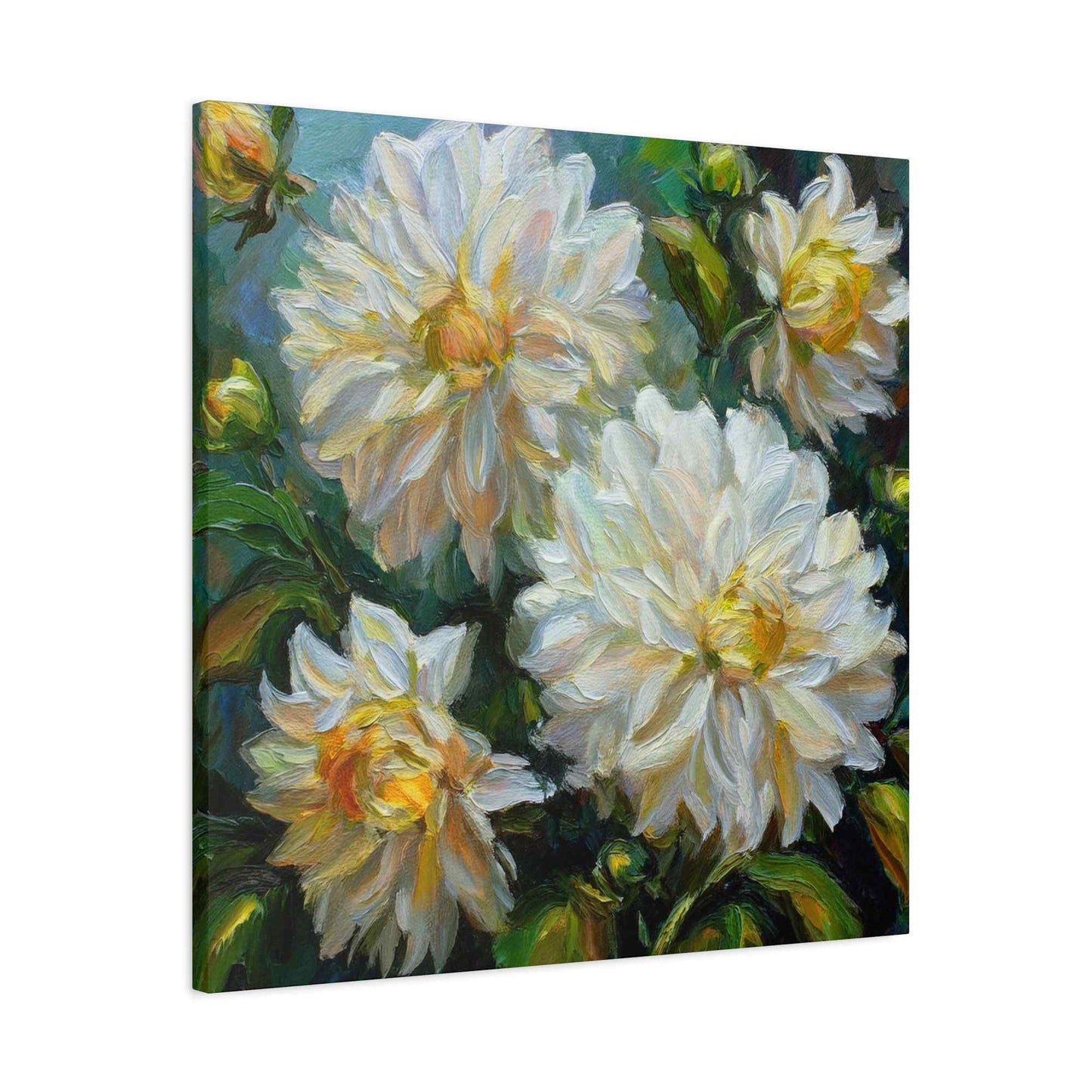 White Dahlias Print Canvas, Floral Oil Paint Print 20x20, 24x24, 30x30, 32x32, 36x36 Art Design Pine-Wood Inner Frame MC-169