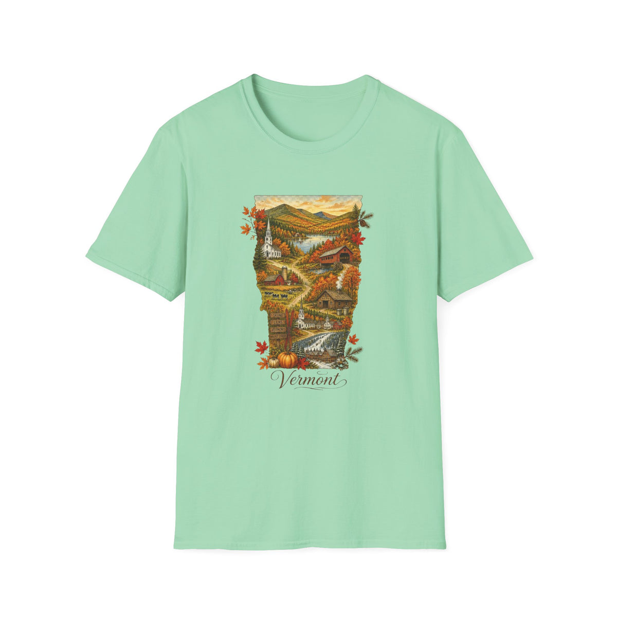 Vermont Fall Scenic T‑Shirt — Autumn Maple Leaves Landscape Travel Tourist Graphic Design Unisex 100 Cotton Gildan T-Shirt