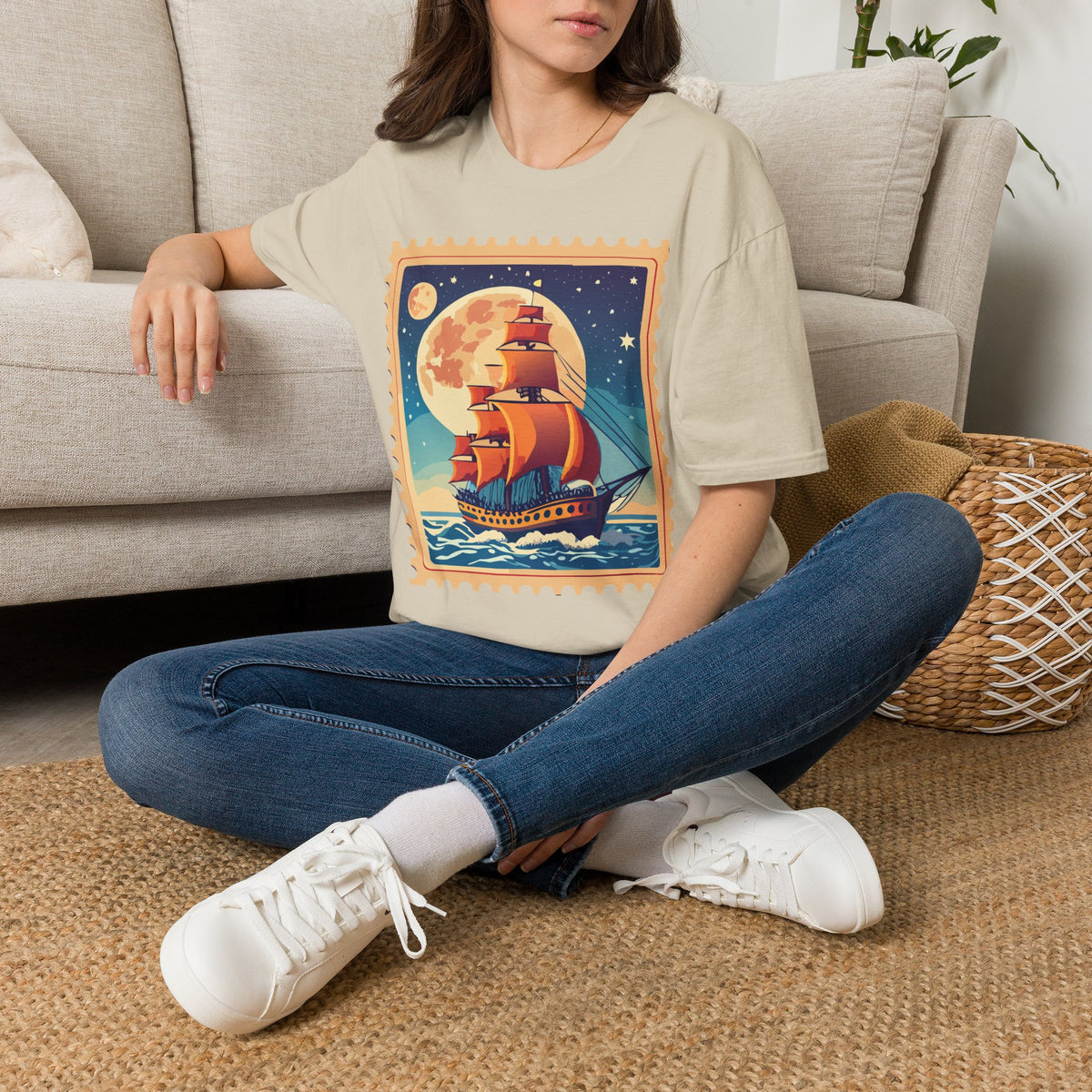 Vintage Sailing Ship T‑Shirt — Nautical Stamp Moonlight Travel Post Graphic Design Unisex 100 Cotton Gildan T-Shirt