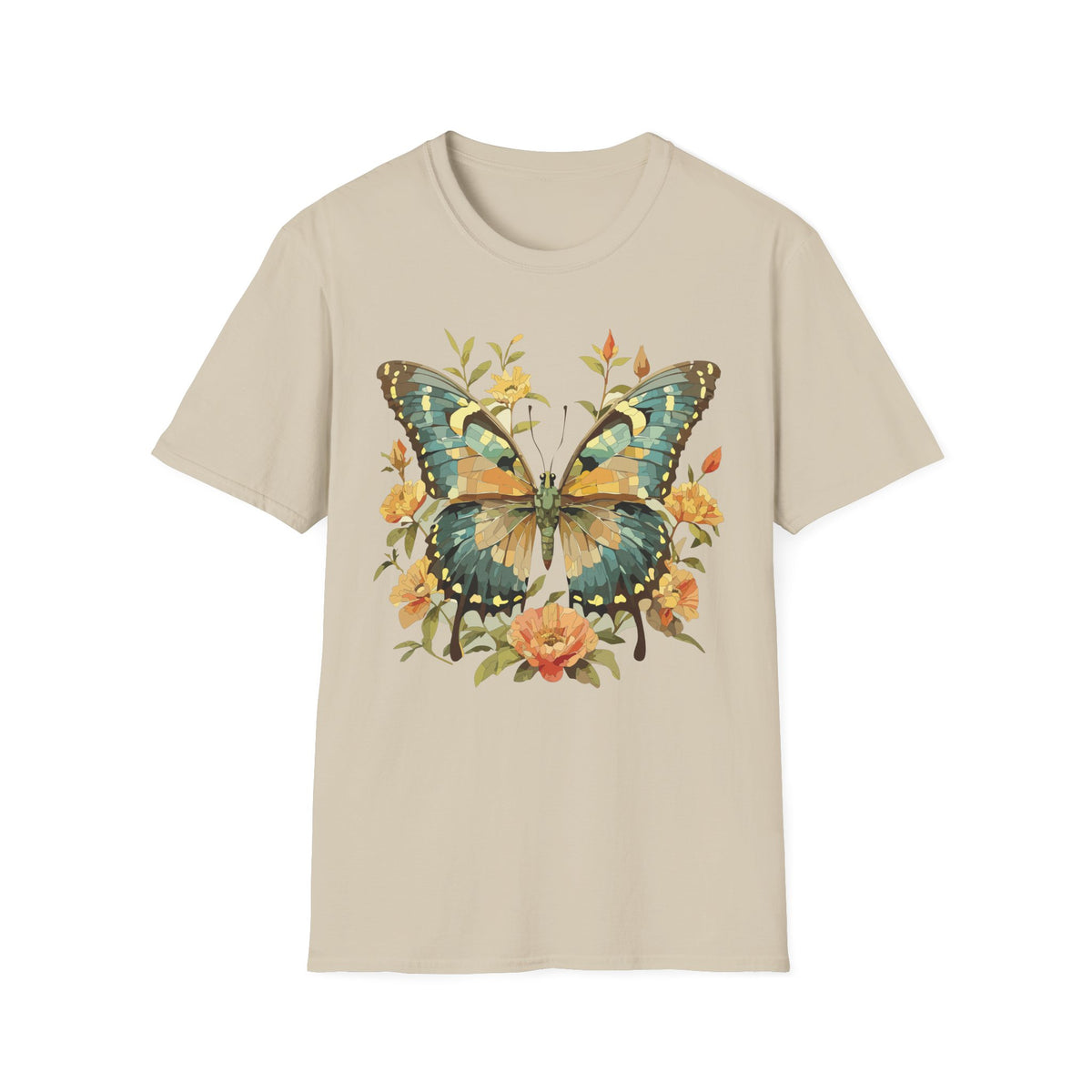 Butterfly Floral T-Shirt — Vintage Green & Gold Garden Graphic Tee Unisex 100 Cotton Gildan T-Shirt