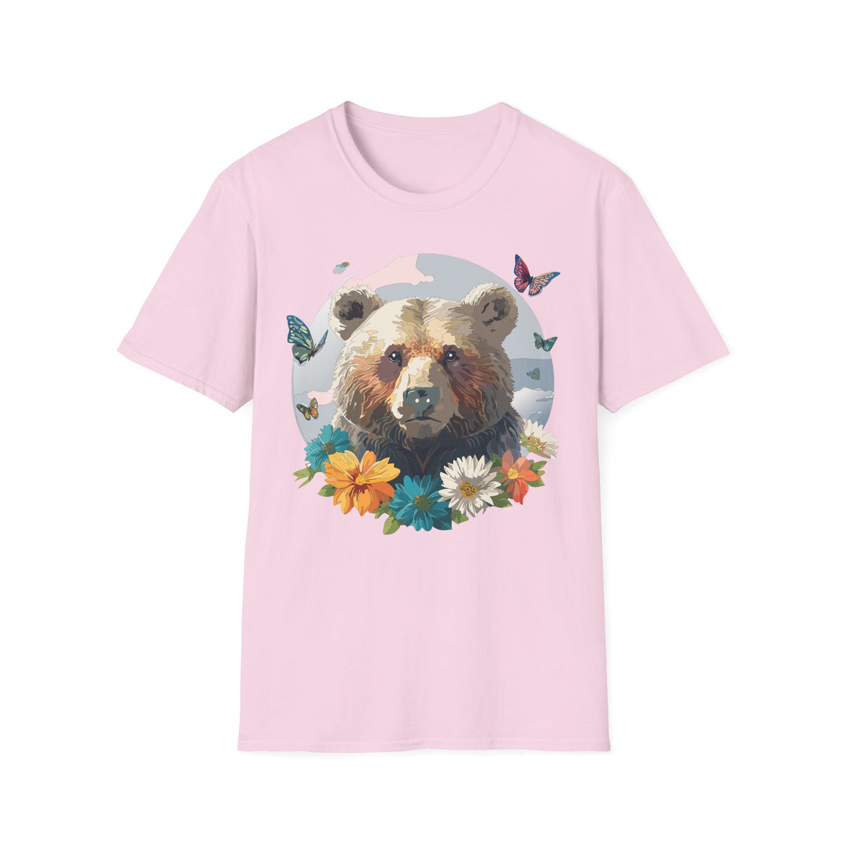 Bear Portrait with Butterflies T-Shirt | Floral Nature Animal Graphic Tee Unisex 100 Cotton Gildan T-Shirt