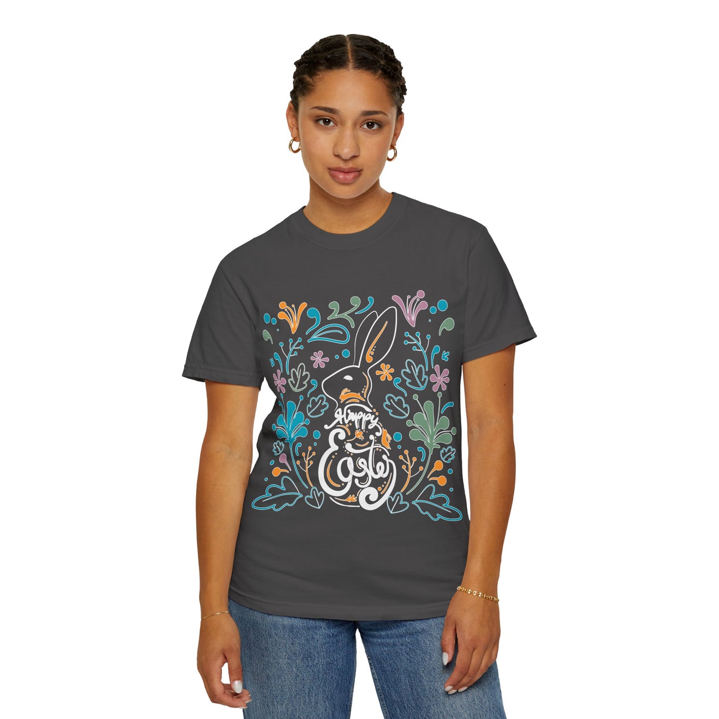 Easter Bunny Floral T-Shirt, Tee Shirt with Easter Signature, T Shirt with Easter Prints, Tee Shirt with Easter Design