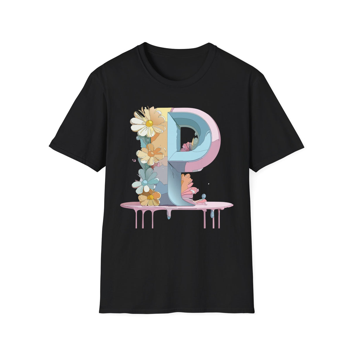 Letter P Floral Monogram T-Shirt | Pastel Daisy Initial Tee